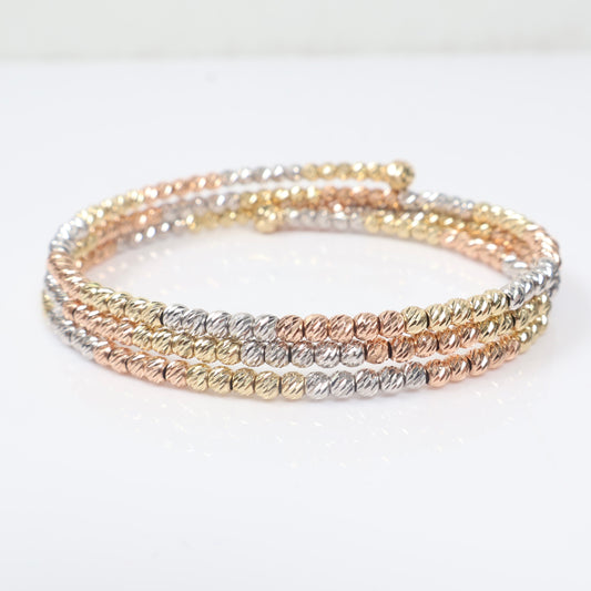 14K 3 Tone Diamond Cut Balls Luxury Bangle Bracelet / 14.2gr / Sz 7 1/4 /