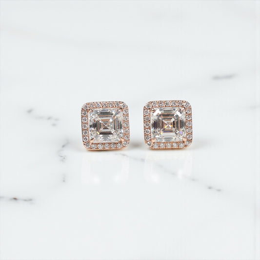 14K RG Lab Diamond Luxury Square With Certificate Stud Earrings / 3.78gr / 11mm / Lab As 3/09 / 3Ct - D 0.47Ct