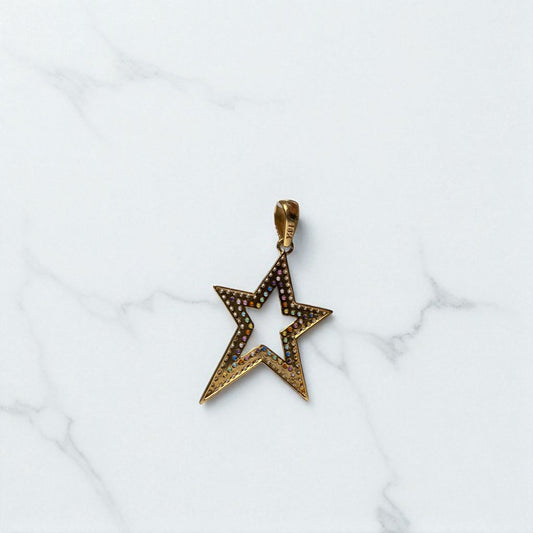 18K Yellow Gold Star Pendant With Colored Zircons / 2.59gr / 1.5in