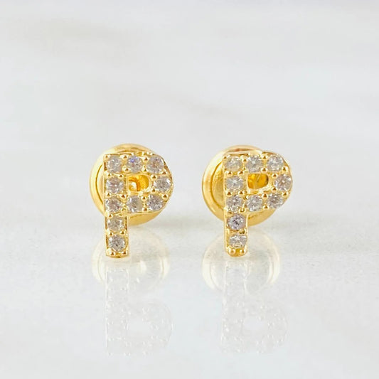 18K Yellow Gold Letter P Stud Earrings With Zircons / 0.65gr / 6mm