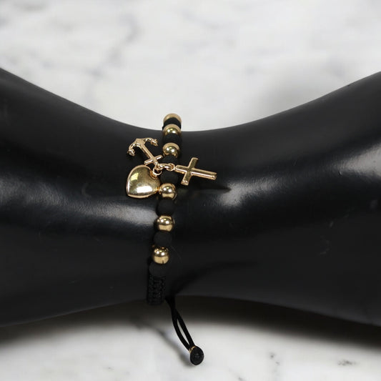18K YG Three Graces-Cross-Heart-Anchor-Diamond Cut Balls Bracelet Tejido / 1.94gr / Adjustable /