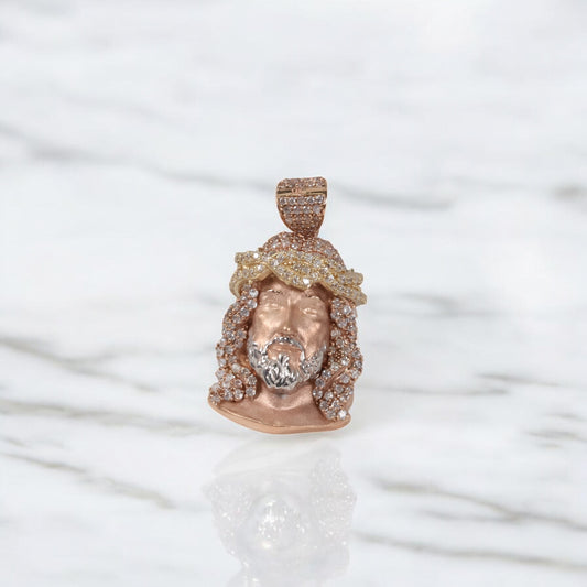 14K 3 Tone Little Jesus Face Pendant / 8.18gr / 1.5in / White Zircons