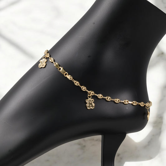 18K Yellow Gold Gc-Oso Ts-Cat-Butterfly-Dolphin Anklet / 4.6gr / 3.6mm / 10in