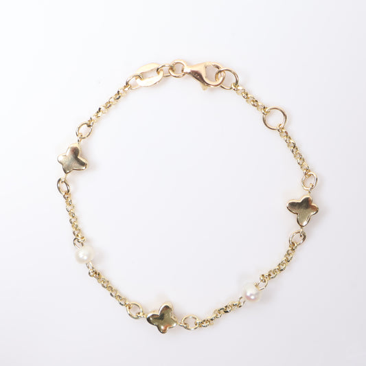 14K YG Little Clovers With Pearls Bracelet / 2.5gr / 1.5mm - 6in /
