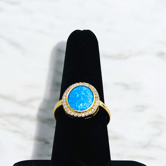 14K Yellow Gold Bluestone Ring With Zirconia / 3.1gr / Size 8