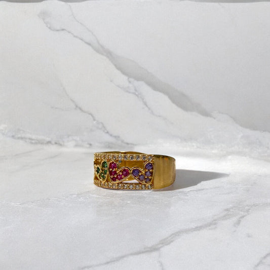 18K Yellow Gold Lane Of Hearts Ring With Colored Zircons / 3.9gr / Size 6 1/4