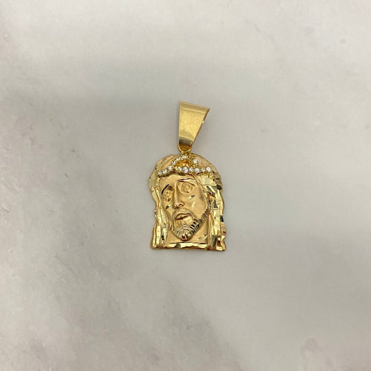 14K Yellow Gold Jesus Face Pendant With Zircons / 14.7gr / 2in