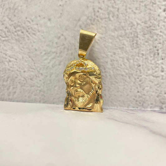 14K Yellow Gold Jesus Face Pendant With Zircons / 14.7gr / 2in