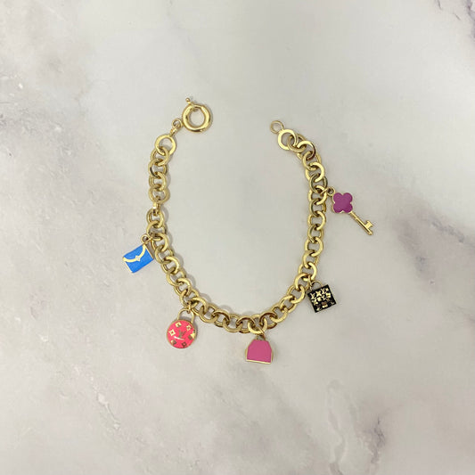 14K Yellow Gold Roll-On With Charms Bag/Clover Key Bracelet / 9.1gr / 7mm / 7.5in