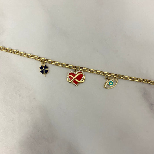 14K Yellow Gold Roll-On With Charms Heart/Eye/Clover Bracelet With Zircons / 5.6gr / 4mm / 7 3/4in