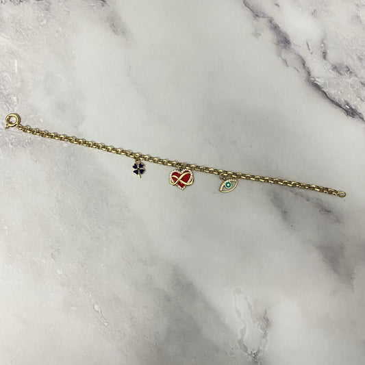 14K Yellow Gold Roll-On With Charms Heart/Eye/Clover Bracelet With Zircons / 5.6gr / 4mm / 7 3/4in