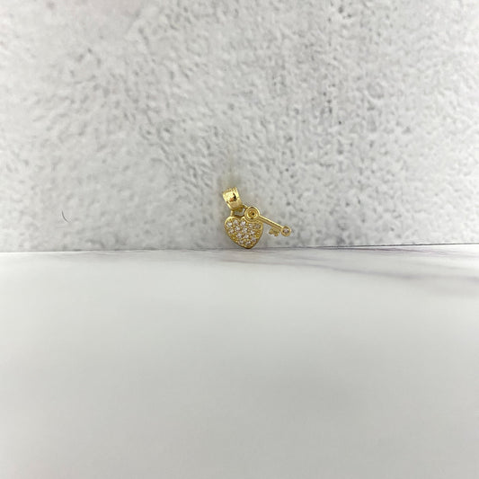 14K Yellow Gold Key Heart Lock Pendant With Zircons / 1.2gr / 0.5in