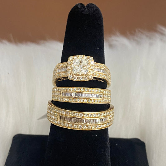 14K Yellow Gold Diamond Luxury Square Engagement Ring Trio 1.82Ct Dia / 9.2gr / Size 7W/10.5