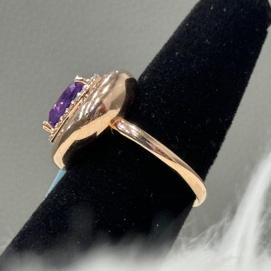14K Yellow Gold Diamond Heart Ring 0.25Ct Dia / Amethyst / 9gr / Size 7