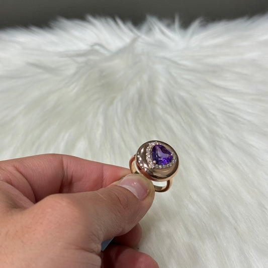 14K Yellow Gold Diamond Heart Ring 0.25Ct Dia / Amethyst / 9gr / Size 7