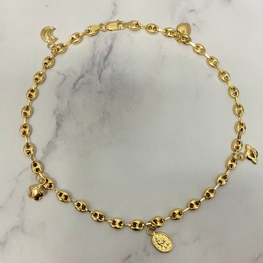 18K Yellow Gold Gc-Heart-Saturn-Virgen-Star-Moon Anklet / 5gr / 4mm / 9.5in
