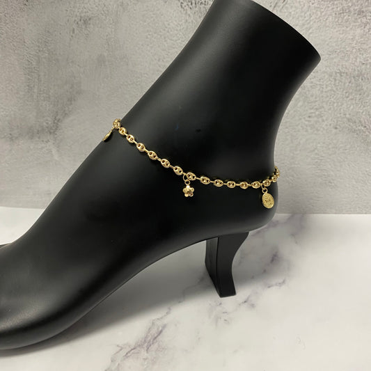 18K Yellow Gold Gc-Heart-Saturn-Virgen-Star-Moon Anklet / 5gr / 4mm / 9.5in
