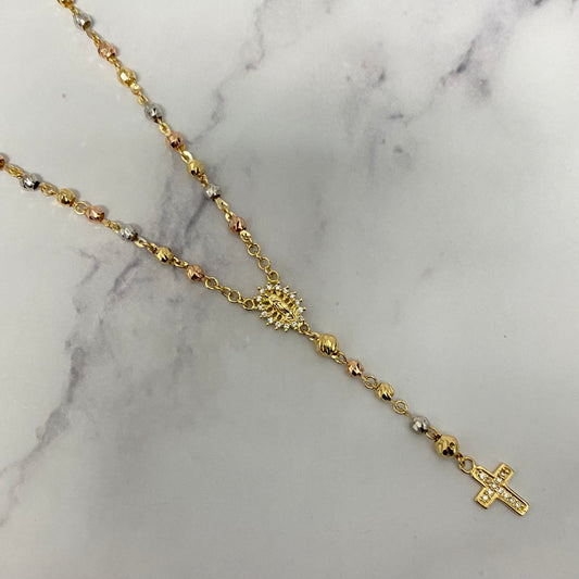 18K Three Colour Gold Rosary Military Balls Diamond Cut Chain With Zircons / 8gr / 3.1mm / 19in