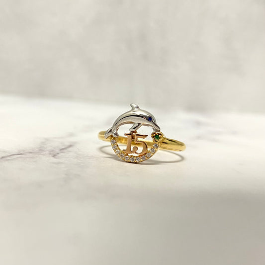 18K Three Colour Gold Dolphin 15S Ring With Zircons / 2.5gr / Size 8 1/4