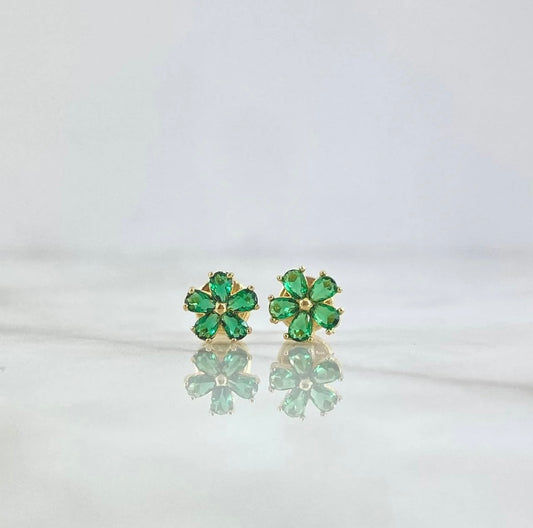 18K Yellow Gold Five Petal Flower Stud Earrings With Green Zircons / 1.12gr / 7mm