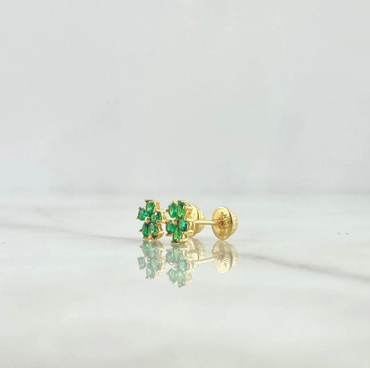 18K Yellow Gold Five Petal Flower Stud Earrings With Green Zircons / 1.12gr / 7mm