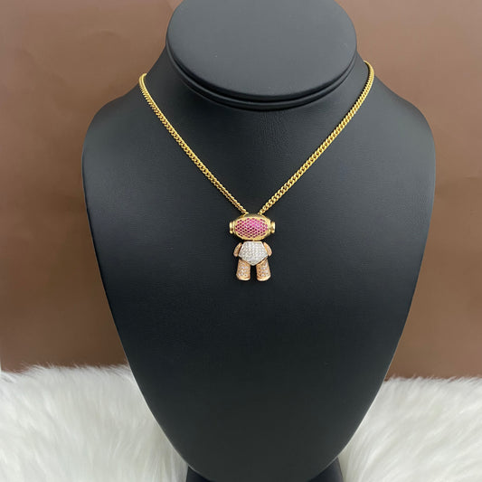 18K Three Colour Gold Robot Pendant With White/Fucshia Zircons / 10gr