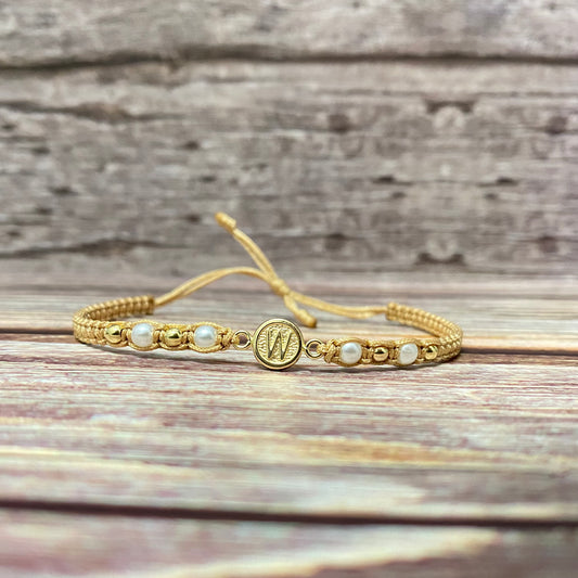 18K Yellow Gold Tejida Letter W Textured Circle- Smooth Balls Bracelet Adjustable / 0.6gr