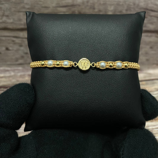 18K Yellow Gold Tejida Letter W Textured Circle- Smooth Balls Bracelet Adjustable / 0.6gr