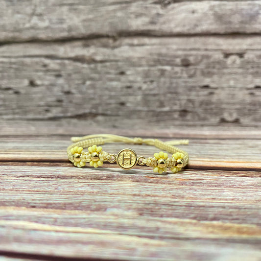 18K Yellow Gold Tejida Letter H Textured Circle- Smooth Balls Bracelet Adjustable / 0.74gr