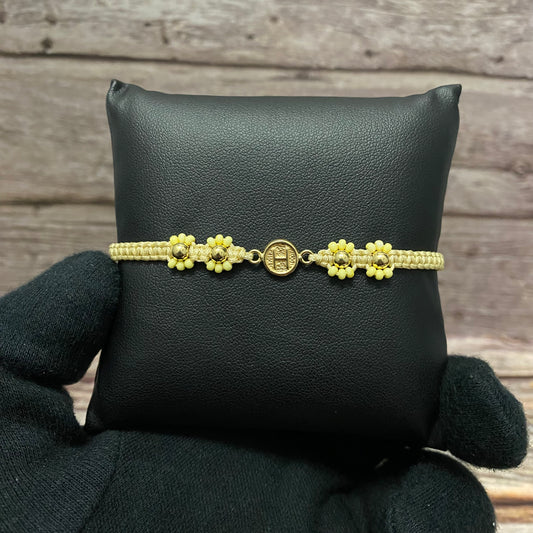 18K Yellow Gold Tejida Letter H Textured Circle- Smooth Balls Bracelet Adjustable / 0.74gr