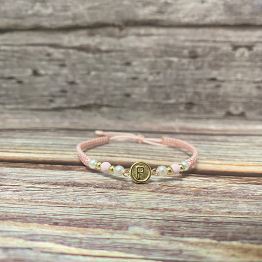 18K Yellow Gold Tejida Letter P Circle Matte- Smooth Balls Bracelet Adjustable / 0.6gr