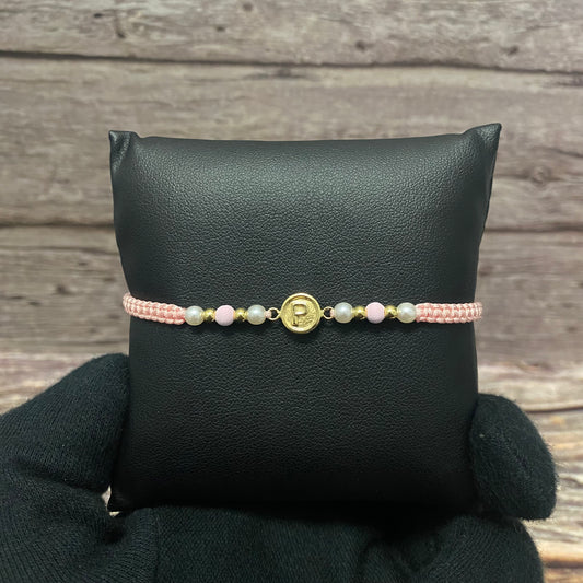 18K Yellow Gold Tejida Letter P Circle Matte- Smooth Balls Bracelet Adjustable / 0.6gr