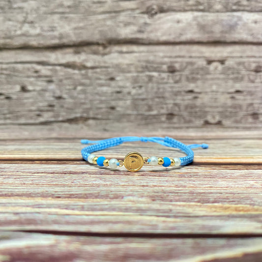 18K Yellow Gold Tejida Letter P Circle Matte- Smooth Balls Bracelet Adjustable / 0.6gr