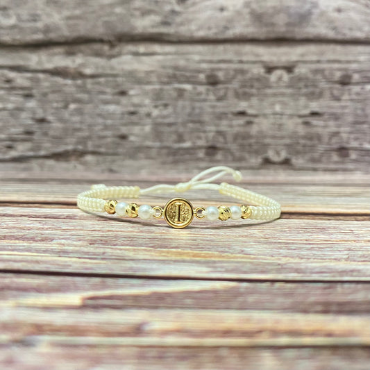 18K Yellow Gold Tejida Letter I Textured Circle-Diamond Cut Balls Bracelet Adjustable / 0.91gr