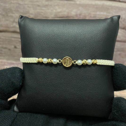 18K Yellow Gold Tejida Letter I Textured Circle-Diamond Cut Balls Bracelet Adjustable / 0.91gr