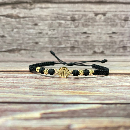 18K Yellow Gold Tejida Letter I Textured Circle-Diamond Cut Balls Bracelet Adjustable / 0.91gr