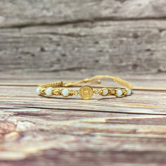 18K Yellow Gold Tejida Letter H Textured Circle-Diamond Cut Balls Bracelet Adjustable / 0.67gr