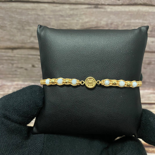 18K Yellow Gold Tejida Letter H Textured Circle-Diamond Cut Balls Bracelet Adjustable / 0.67gr