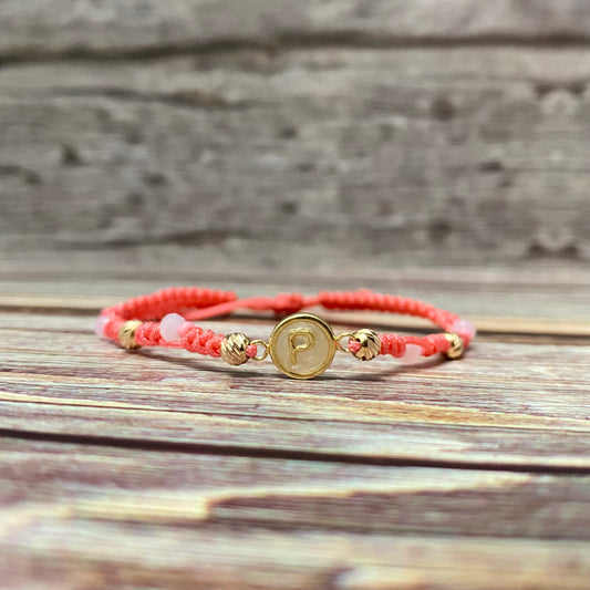 18K Yellow Gold Tejida Letter P With Pink Resin- Diamond Cut Balls Bracelet Adjustable / 1gr