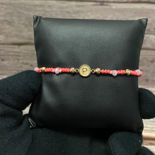 18K Yellow Gold Tejida Letter P With Pink Resin- Diamond Cut Balls Bracelet Adjustable / 1gr