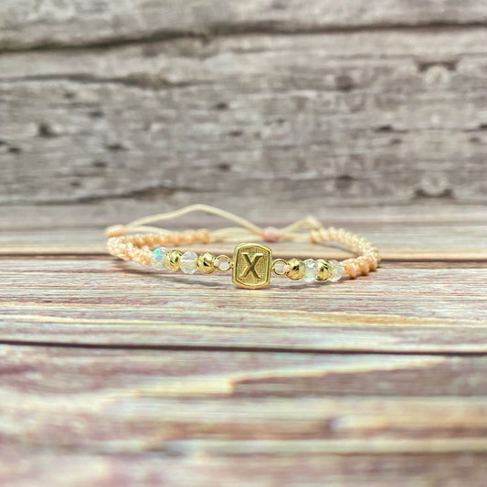 18K Yellow Gold Tejida Letter X Textured Square-Diamond Cut Balls Bracelet Adjustable / 0.86gr