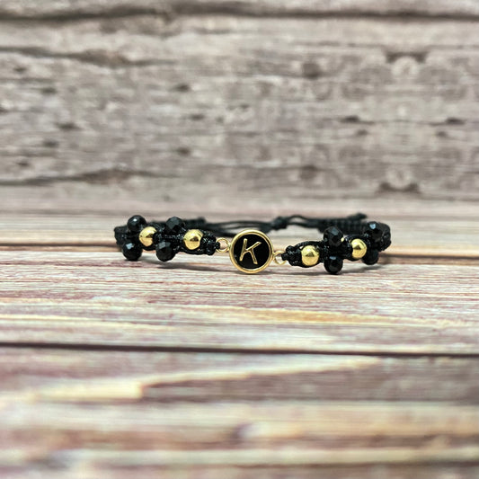 18K Yellow Gold Tejida Letter K With Black Resin-Smooth Balls Bracelet Adjustable / 0.74gr