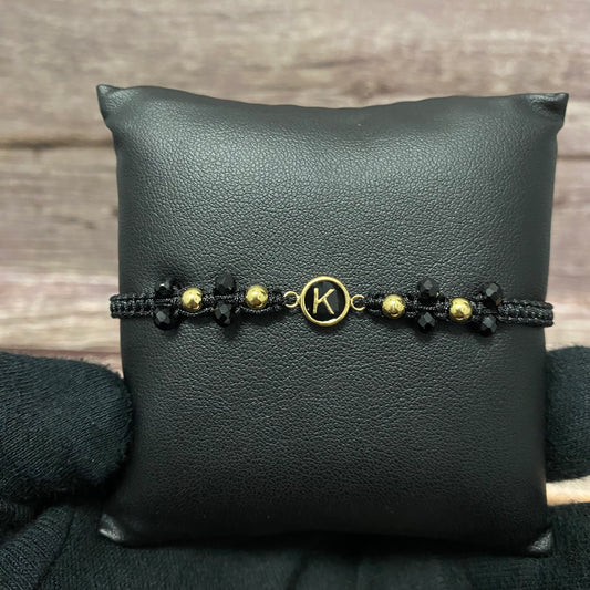 18K Yellow Gold Tejida Letter K With Black Resin-Smooth Balls Bracelet Adjustable / 0.74gr