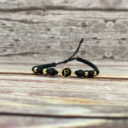 18K Yellow Gold Tejida Letter P With Black Resin-Smooth Balls Bracelet Adjustable / 0.79gr