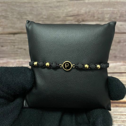 18K Yellow Gold Tejida Letter P With Black Resin-Smooth Balls Bracelet Adjustable / 0.79gr