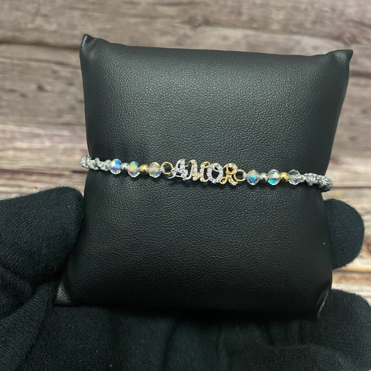 18K Yellow - White Gold Tejida Amor-Smooth Balls Bracelet With Zircons-Adjustable / 1.1gr