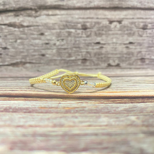 18K Yellow - White Gold Tejida Double Heart-Smooth Balls Bracelet With Zircons-Adjustable / 2.1gr