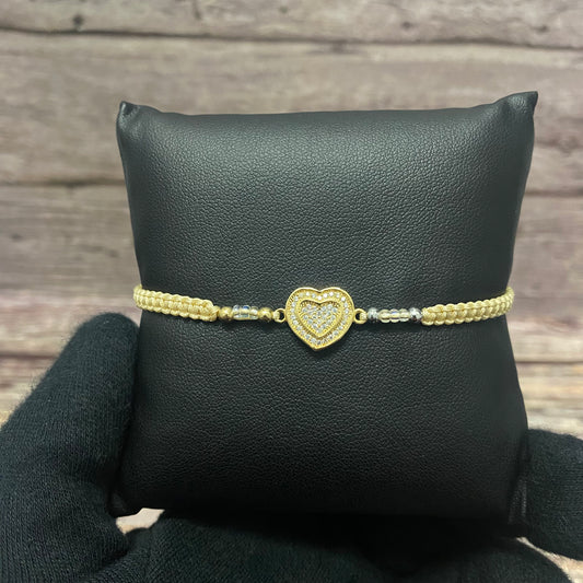 18K Yellow - White Gold Tejida Double Heart-Smooth Balls Bracelet With Zircons-Adjustable / 2.1gr