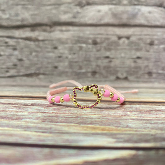 18K Yellow Gold Tejida Cat Hk-Smooth Balls Bracelet With Fucshia Zircons-Adjustable / 1.3gr
