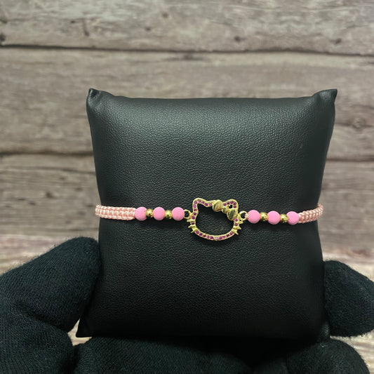 18K Yellow Gold Tejida Cat Hk-Smooth Balls Bracelet With Fucshia Zircons-Adjustable / 1.3gr